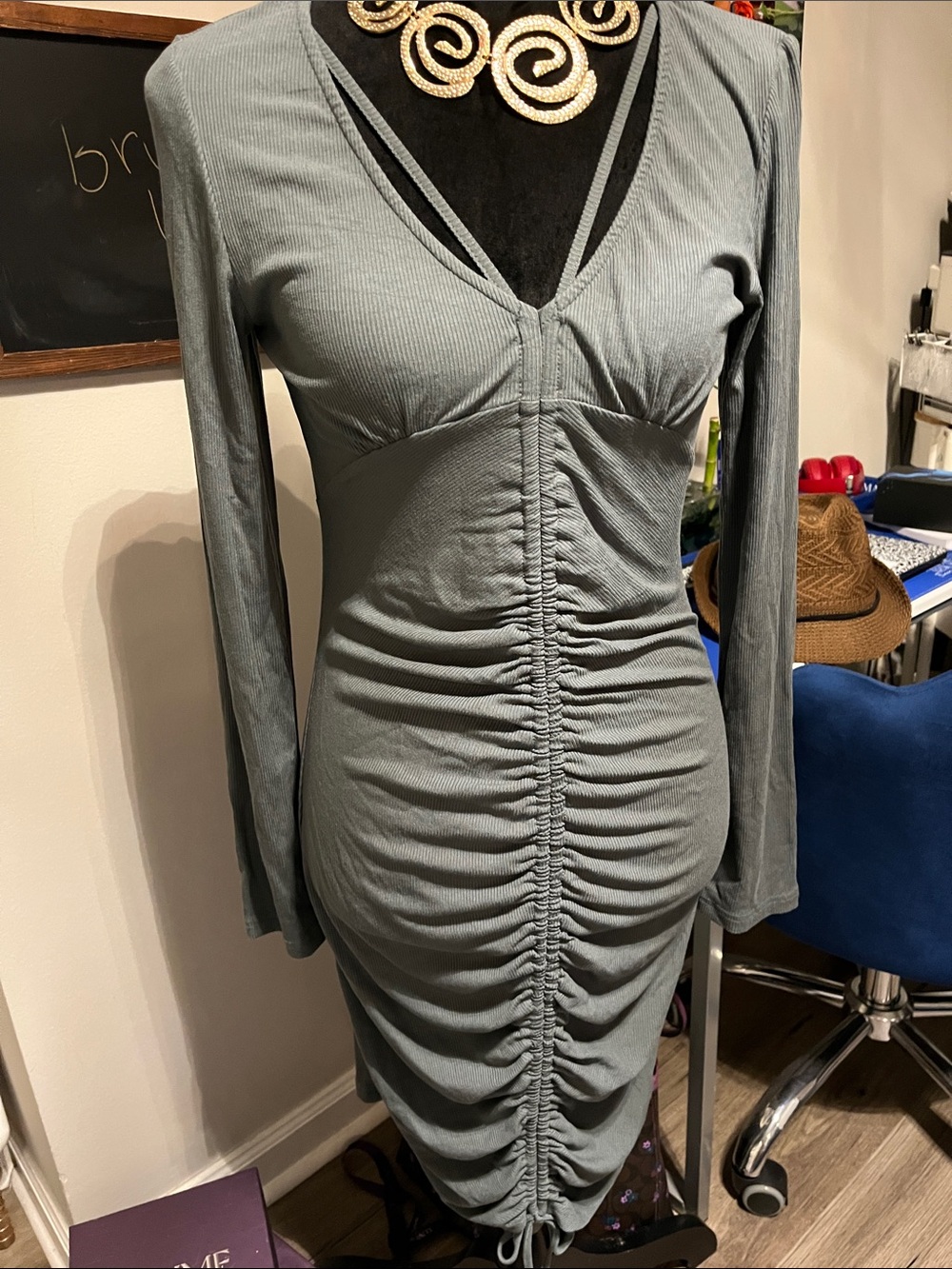 mittoshop Dusty Sage Ruched Long-Sleeve V-Neck Dress
